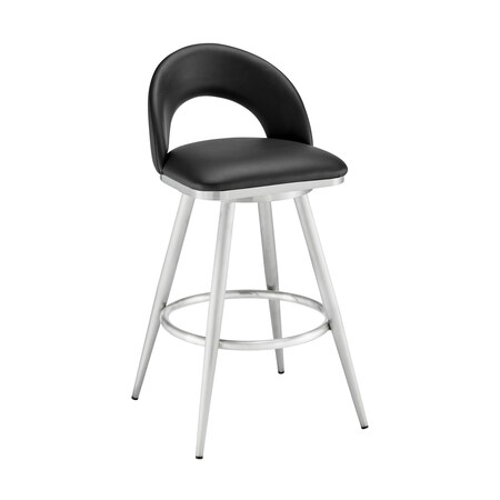 Armen Living Lottech Swivel Bar Stool in Brushed Stainless Steel with Black Faux Leather 840254335400